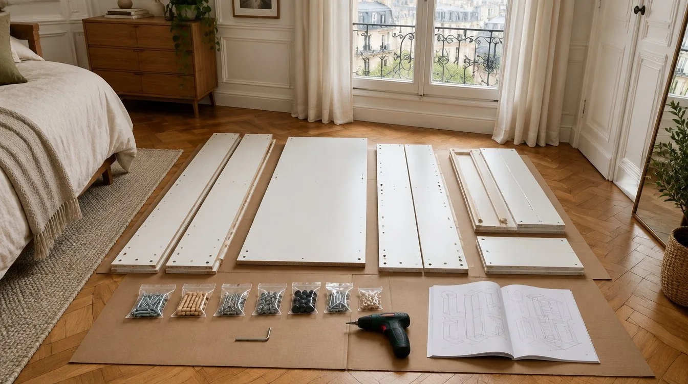 Panneaux et quincaillerie d’un meuble en kit prêts au montage à domicile (illustration)