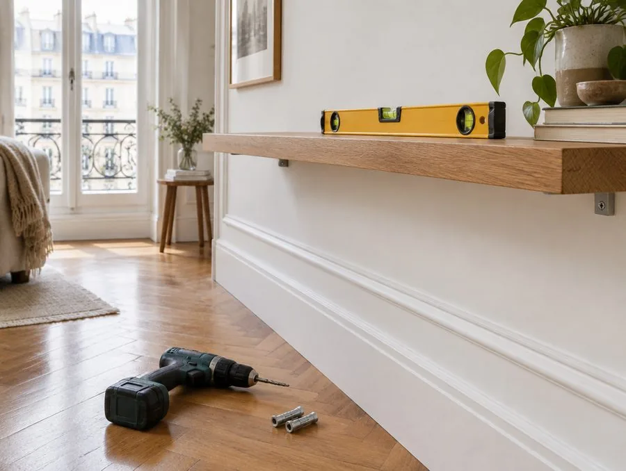 Fixation d’une étagère au mur, niveau et perceuse : petit bricolage à domicile (illustration)